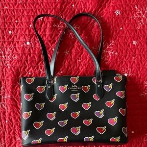 Coach Black Tote with Colorful Heart Print